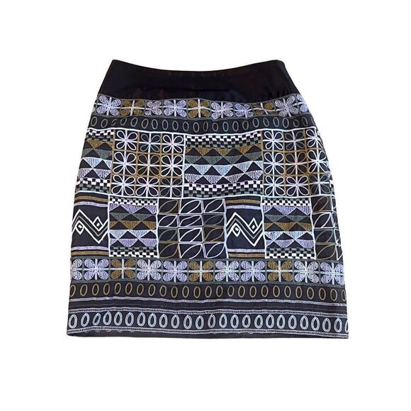 Etcetera Italian Brown Embroidered 100% Silk Geometric Pattern Womens skirt 6 - Picture 2 of 9